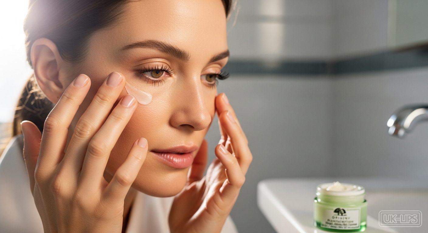 Close-up of eye cream application preventing mascara creasing