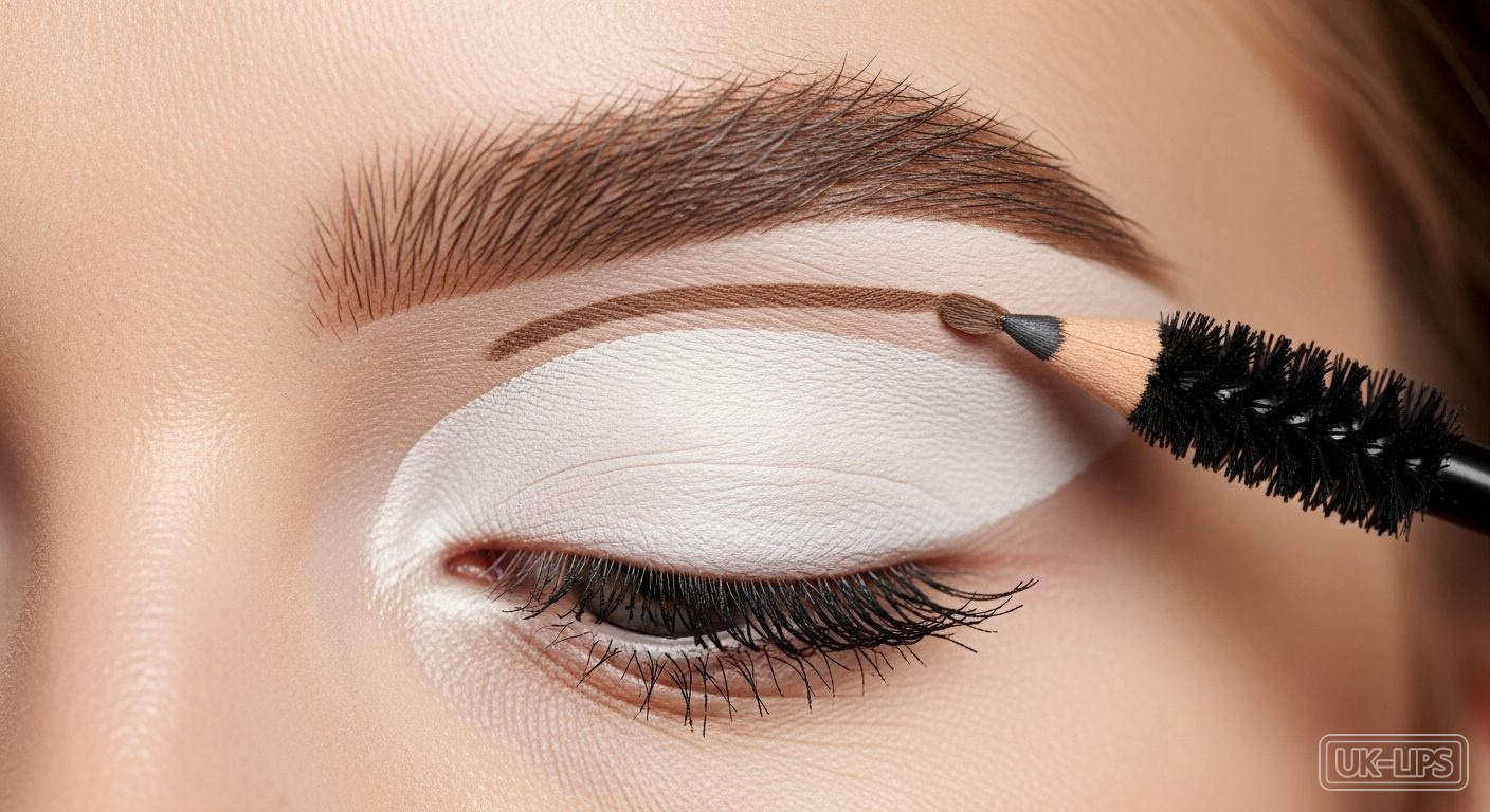 Model demonstrating precise layering of eye primer, brow pencil and mascara in soft daylight