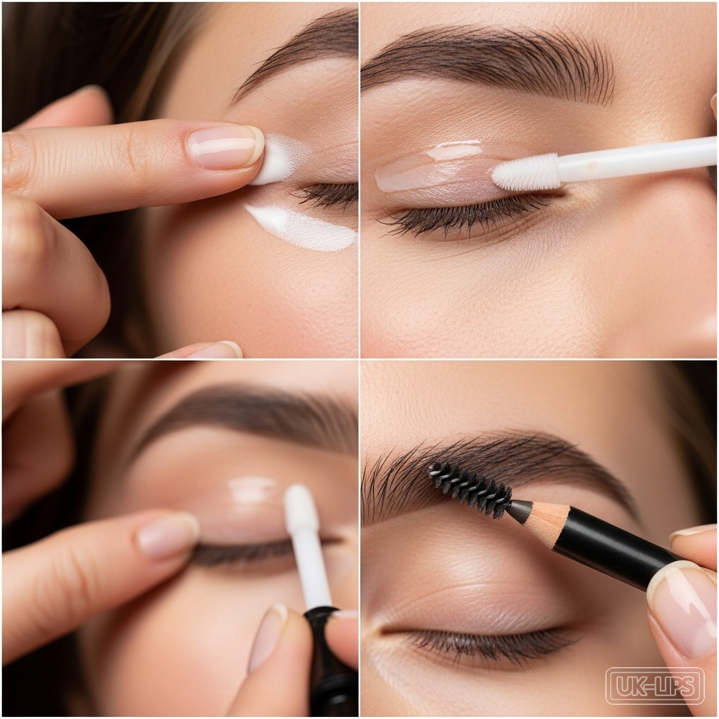 Step-by-step eye layering process showing balm, primer and brow pencil application