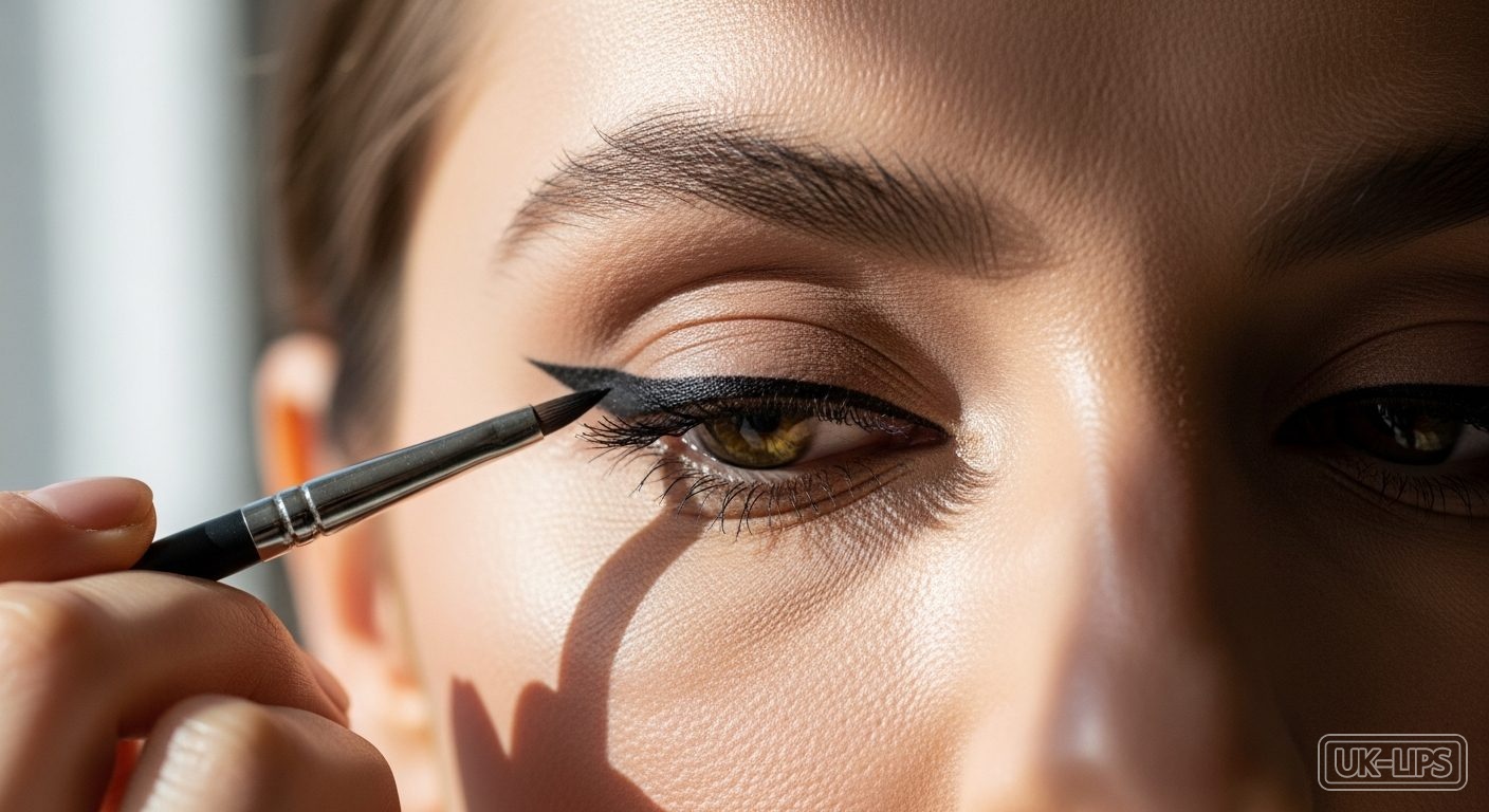 Close-up of precise winged eyeliner application on hooded eyes using an angled brush