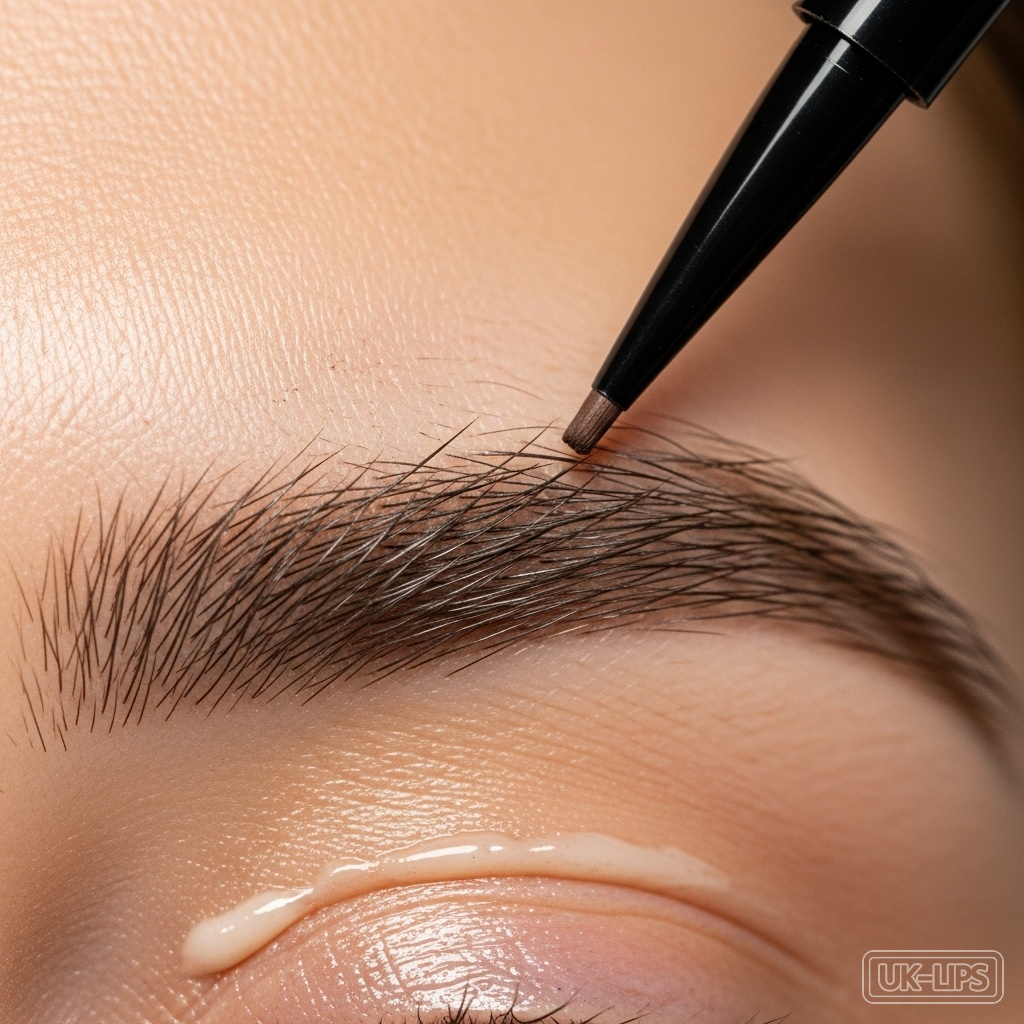Brow pencil depositing pigment on sparse hairs with eye cream visible underneath