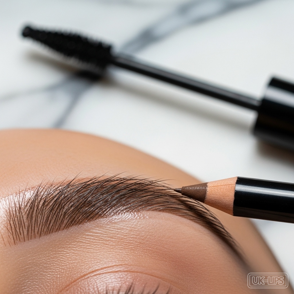 Brow pencil creating fine strokes over prepared skin