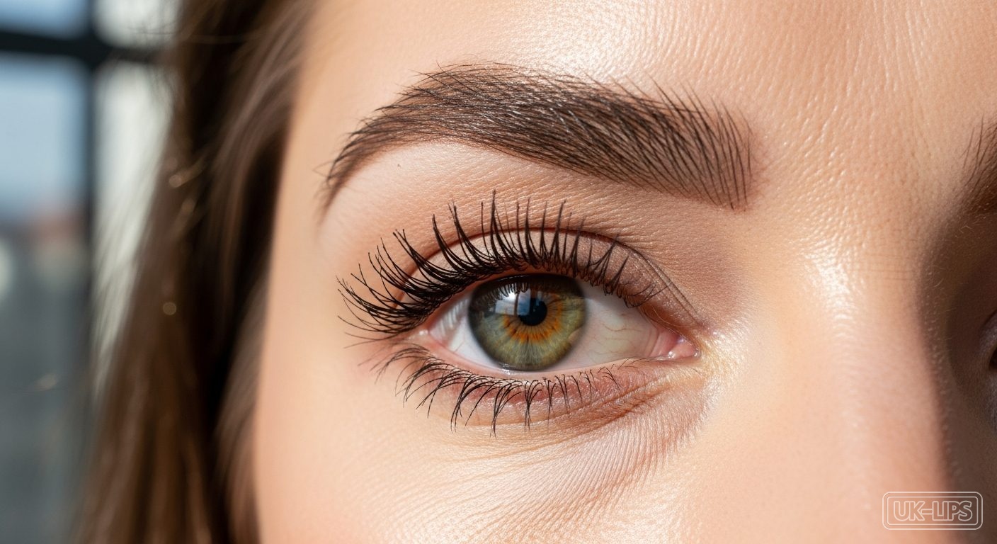 Precise brow pencil application with lengthening mascara on British eye look