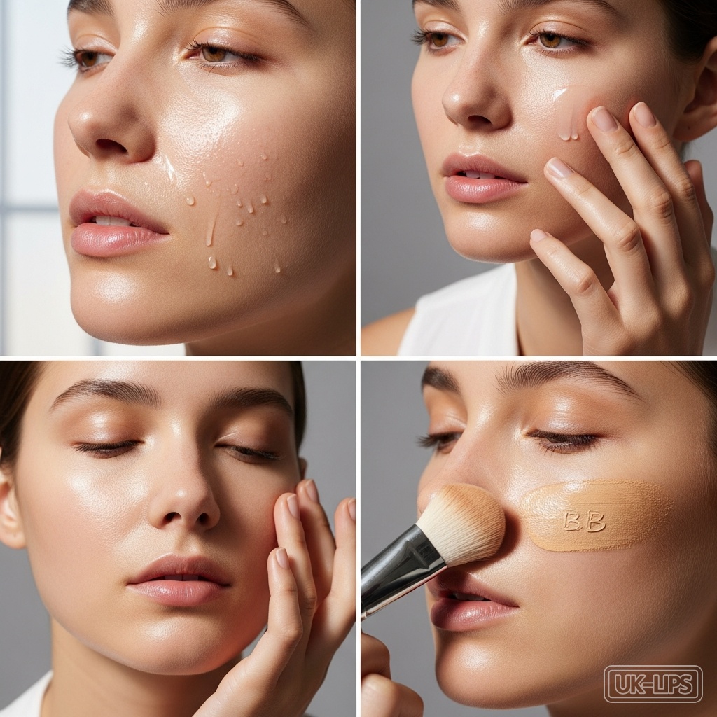 Step-by-step layering of toner, serum and BB cream on face