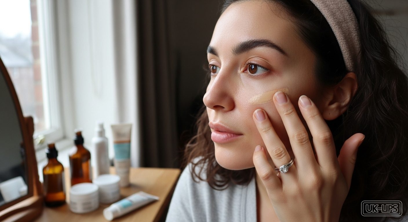 Woman applying January-friendly foundation over glowing skincare in soft natural light
