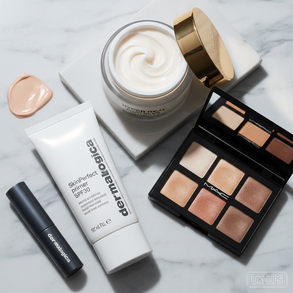 Dermalogica primer and MAC highlighter arranged with moisturiser for base prep