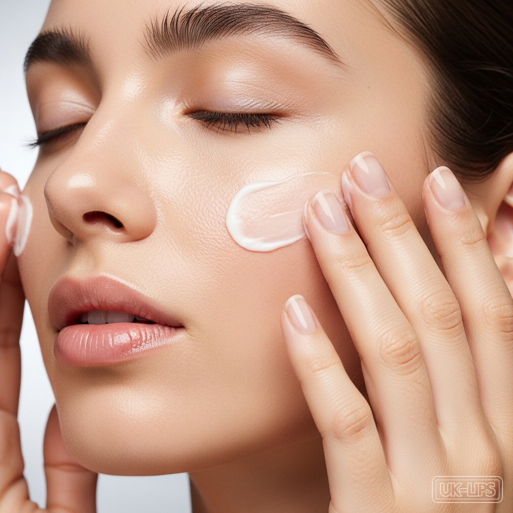 Close-up of fingertips patting rich moisturiser into skin before foundation