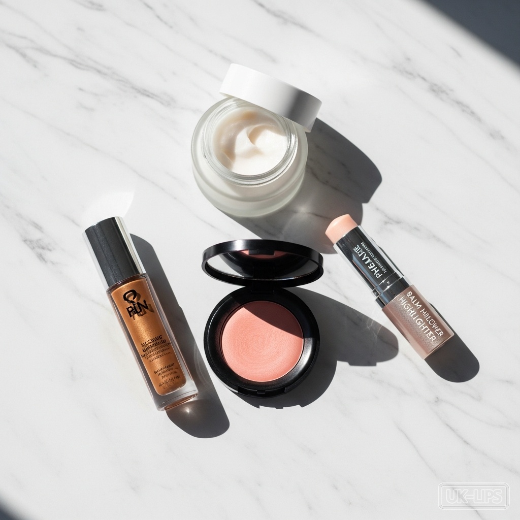 Cream blush and liquid bronzer flat-lay for dry skin sandwich technique