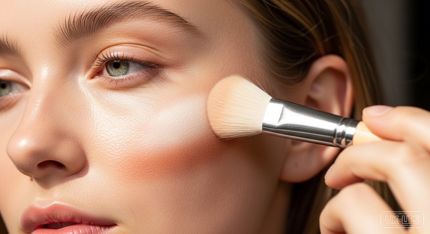 Woman demonstrating the blush bronzer sandwich technique on fair skin for natural spring flush