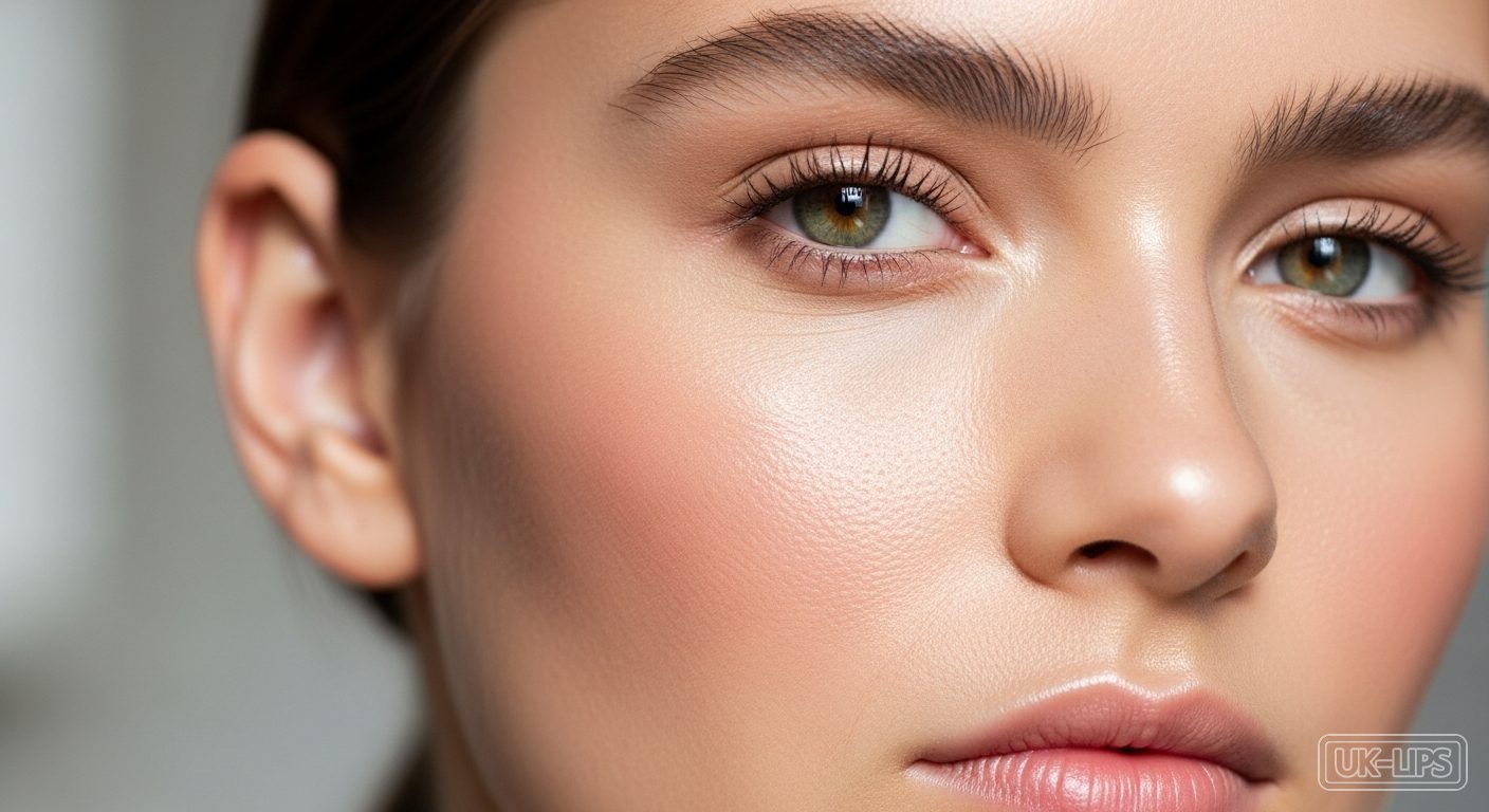Woman's face showing layered foundation, blush and highlighter finish in natural British daylight