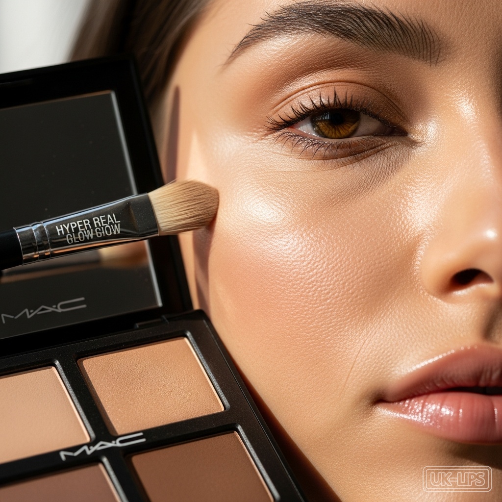 MAC Hyper Real Glow Palette adding soft highlight to cheekbones over foundation