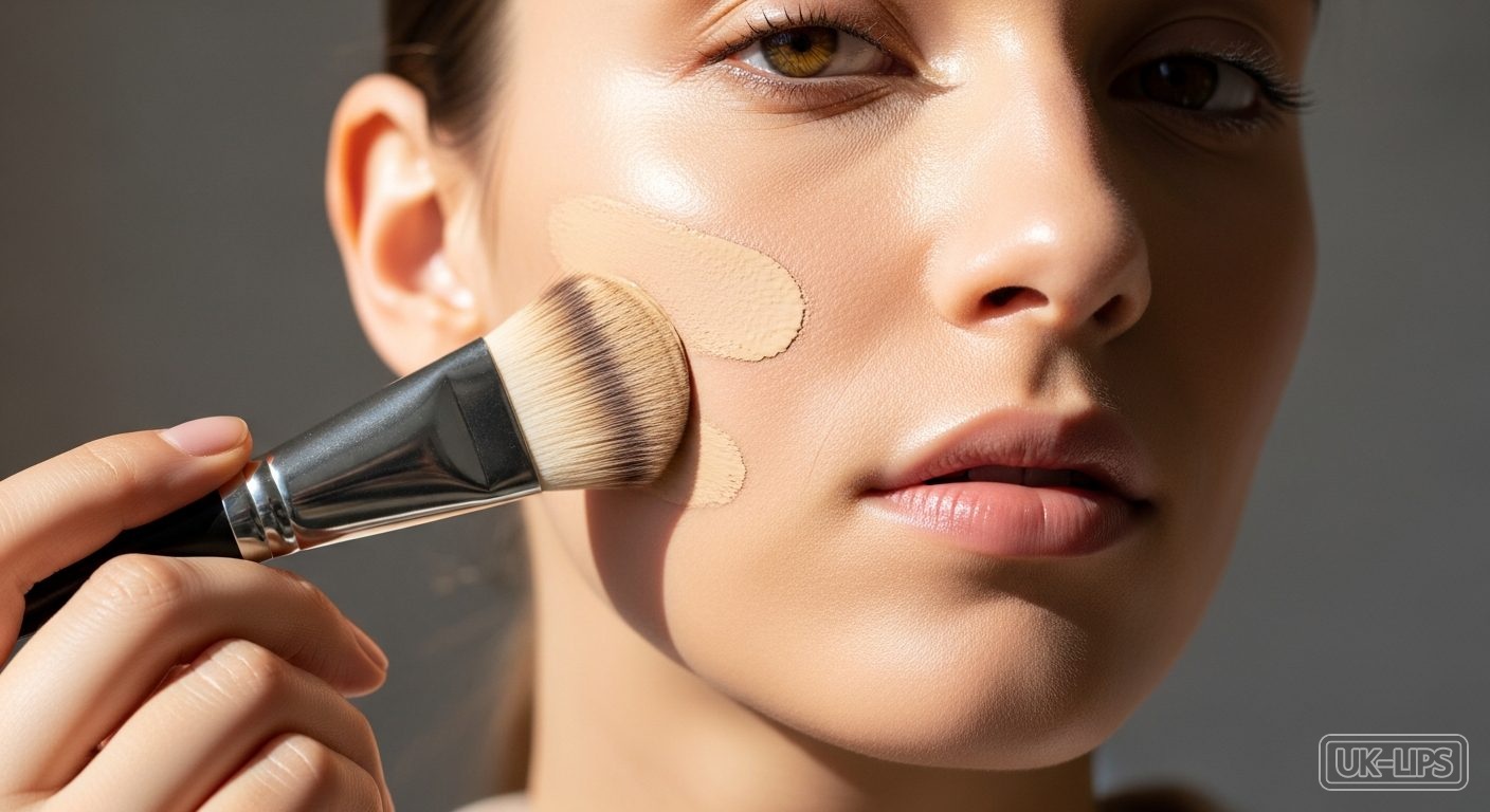 Woman blending foundation smoothly with a MAC wedge brush on her jawline in soft morning light