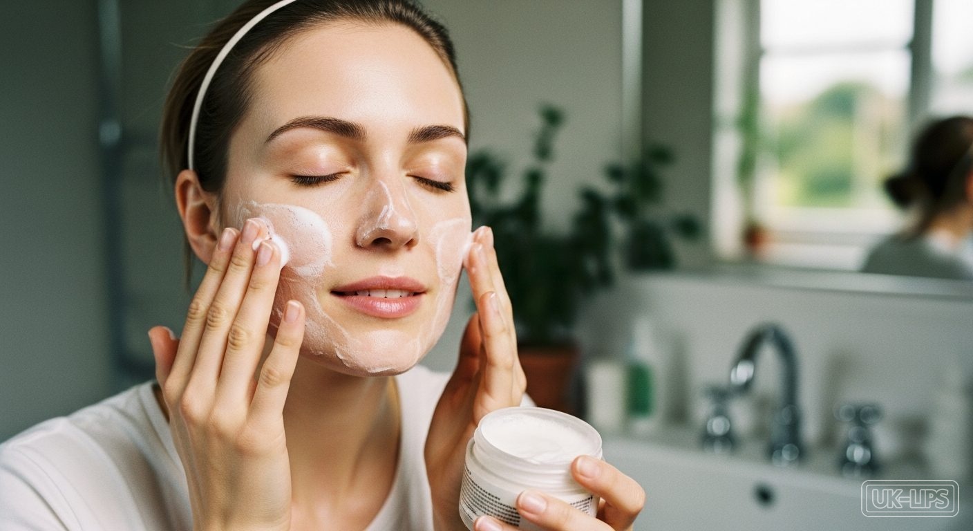 Woman layering face cleanser and moisturiser in natural bathroom light