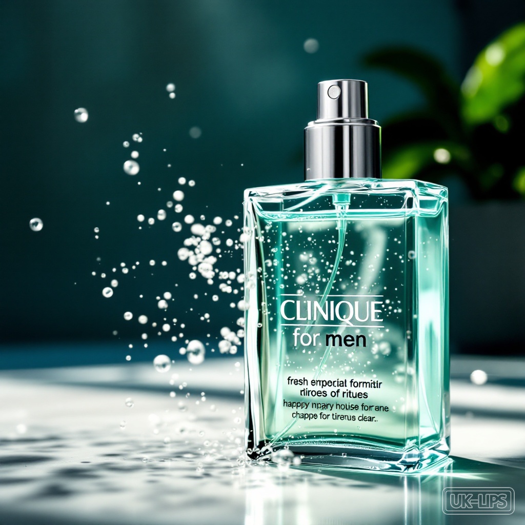 Clinique Happy for Men cologne on a British desk