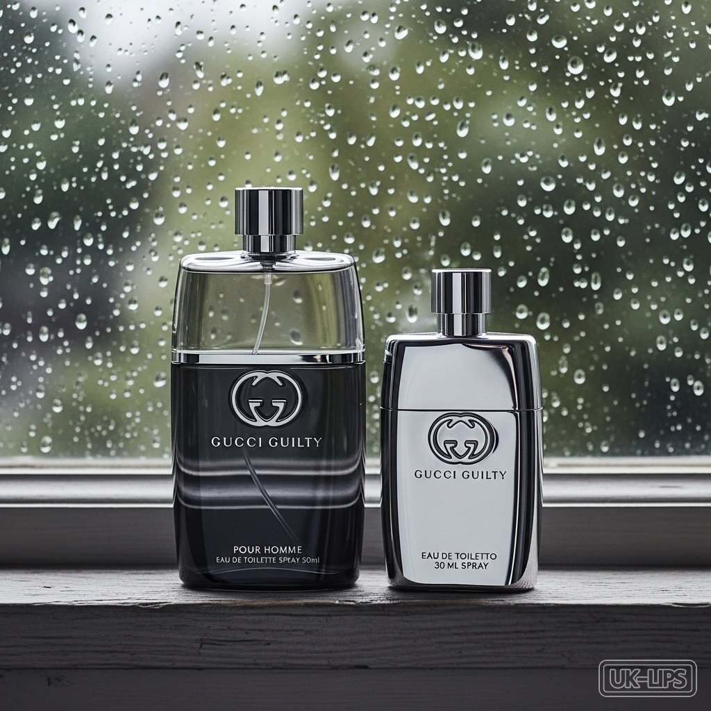 Gucci Guilty men's and women's EDT bottles on a rainy UK windowsill