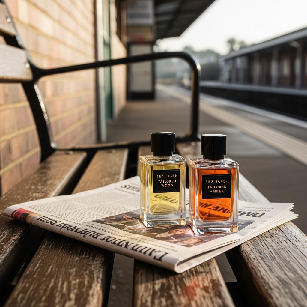 Ted Baker Tailored Wood and Amber bottles at a British station