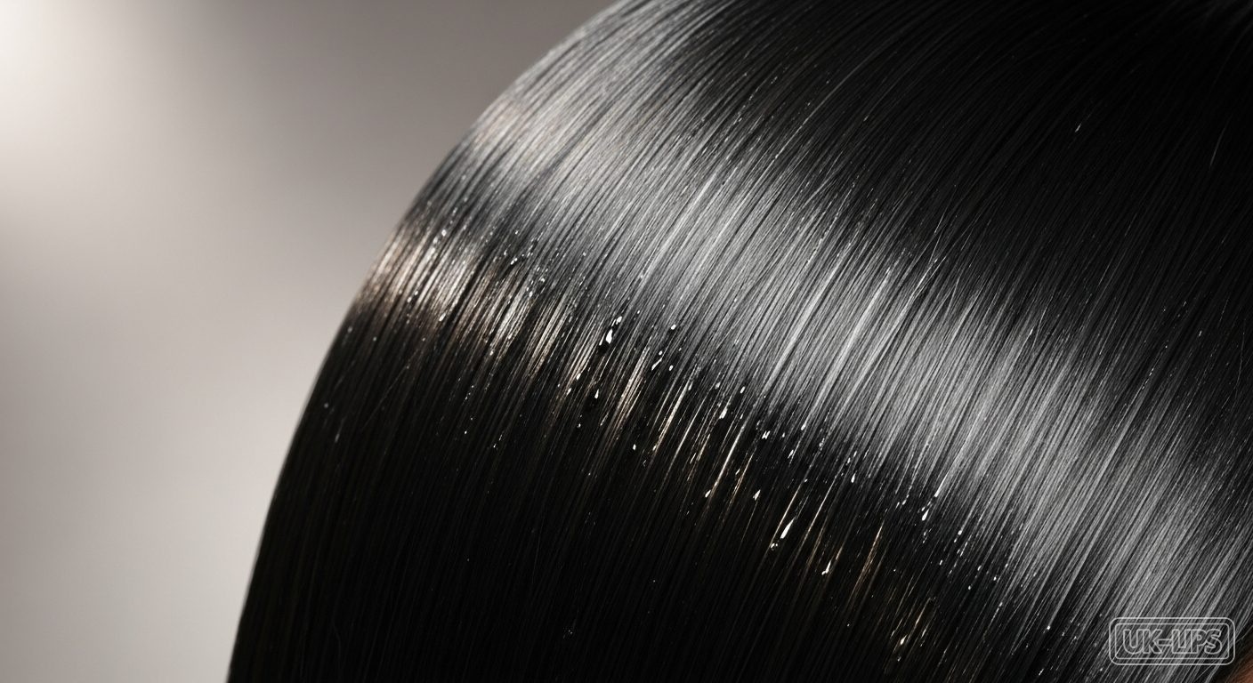 Close-up of glossy layered hair showing professional oil treatment results