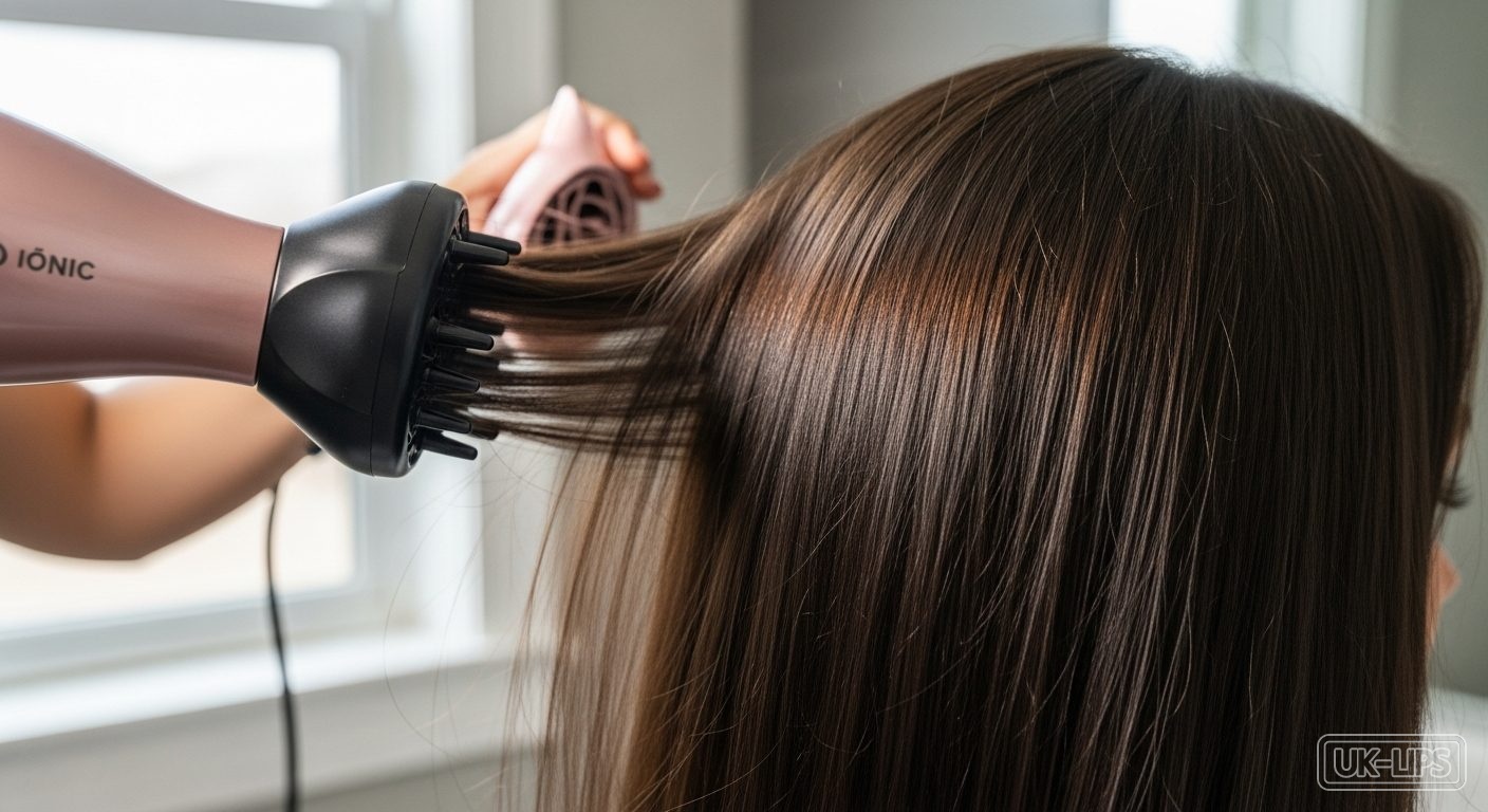 Close-up of sleek straight hair after using an ionic dryer and protectant oil