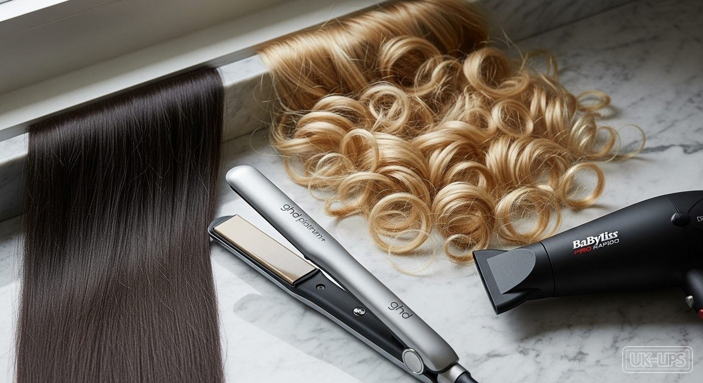 Sleek and curled hair textures with styling tools on vanity