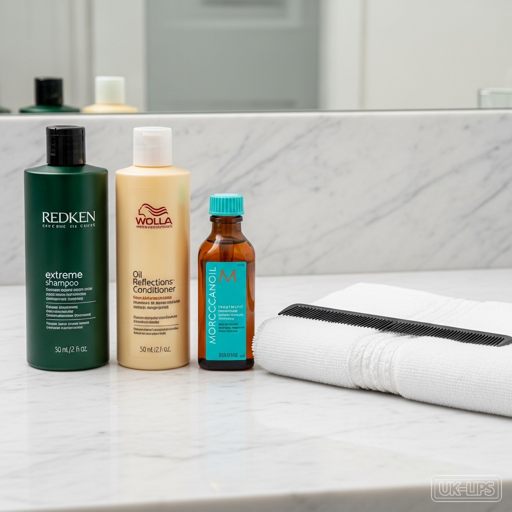 Order of shampoo, conditioner and treatment on a bathroom counter