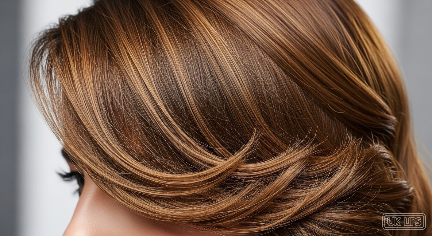 Close-up of glossy mid-length hair showing light-reflecting strands after targeted oil layering