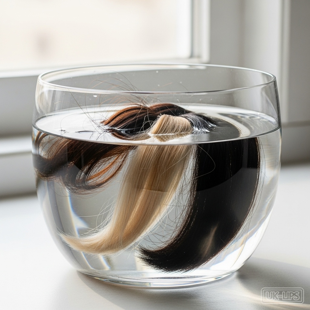 Hair porosity test in water showing floating, suspended and sunk strands