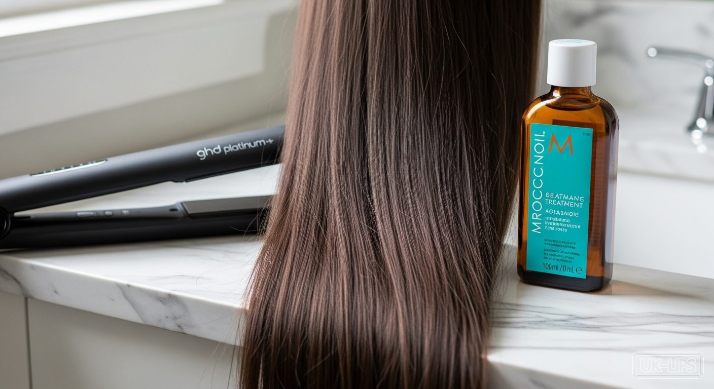 Sleek straight hair next to ghd straightener and hair oil treatment