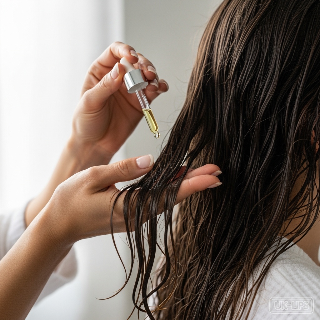 Close-up of lightweight hair oil being worked through natural waves for definition and shine