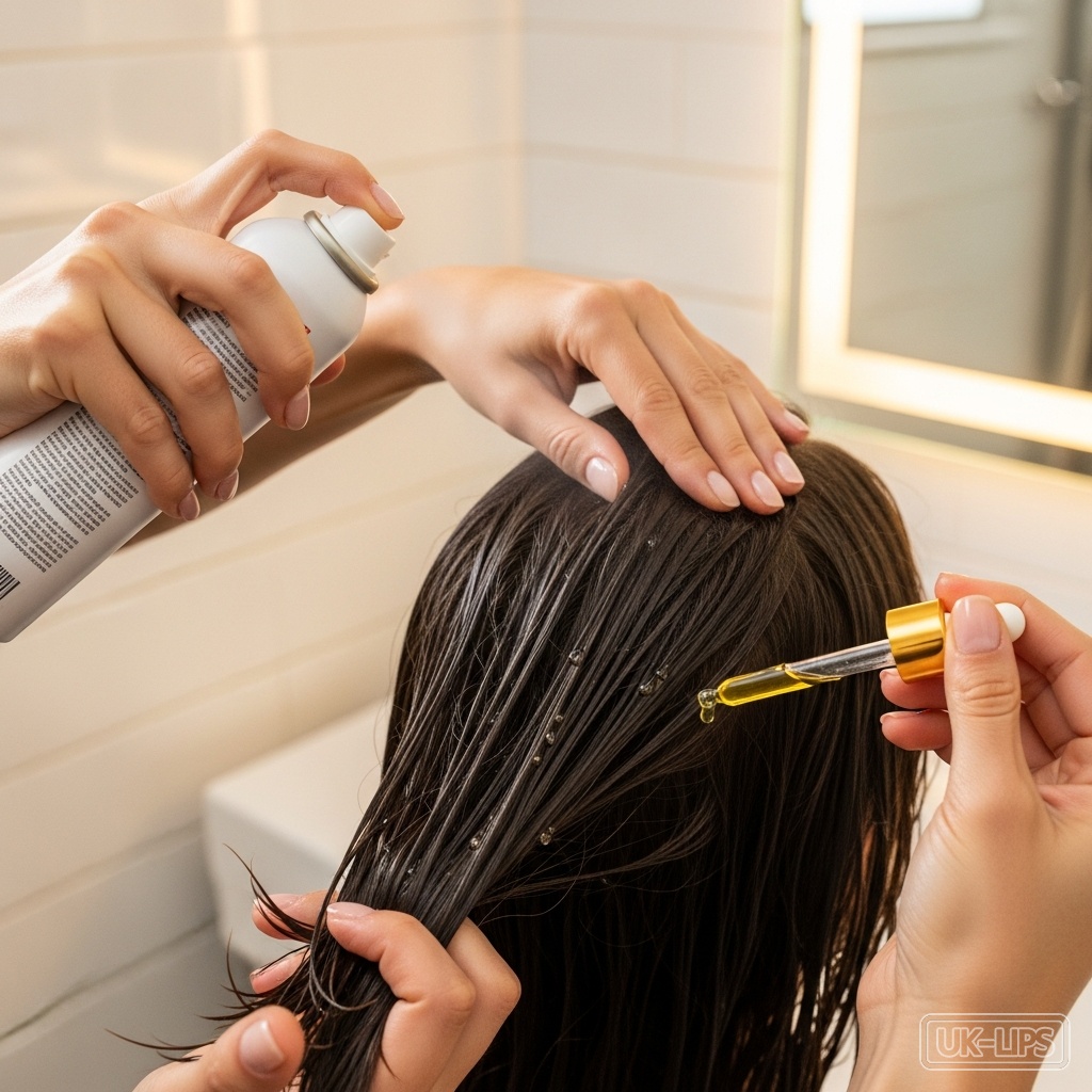 Step-by-step dry shampoo application at the roots before hair oil