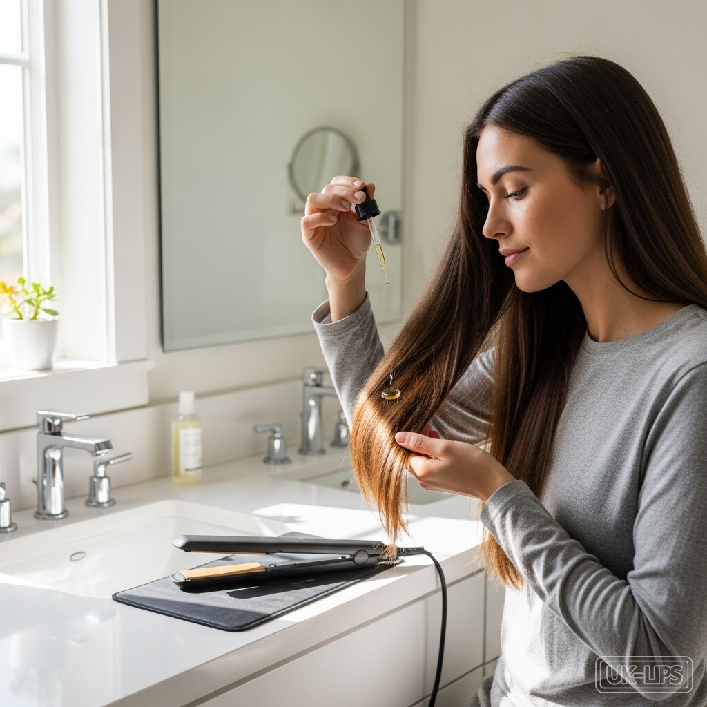 Lightweight hair oil being applied to colour-treated hair before heat styling