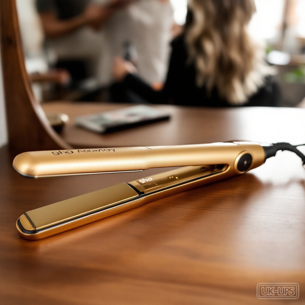 ghd Gold straightener on vanity with styled hair