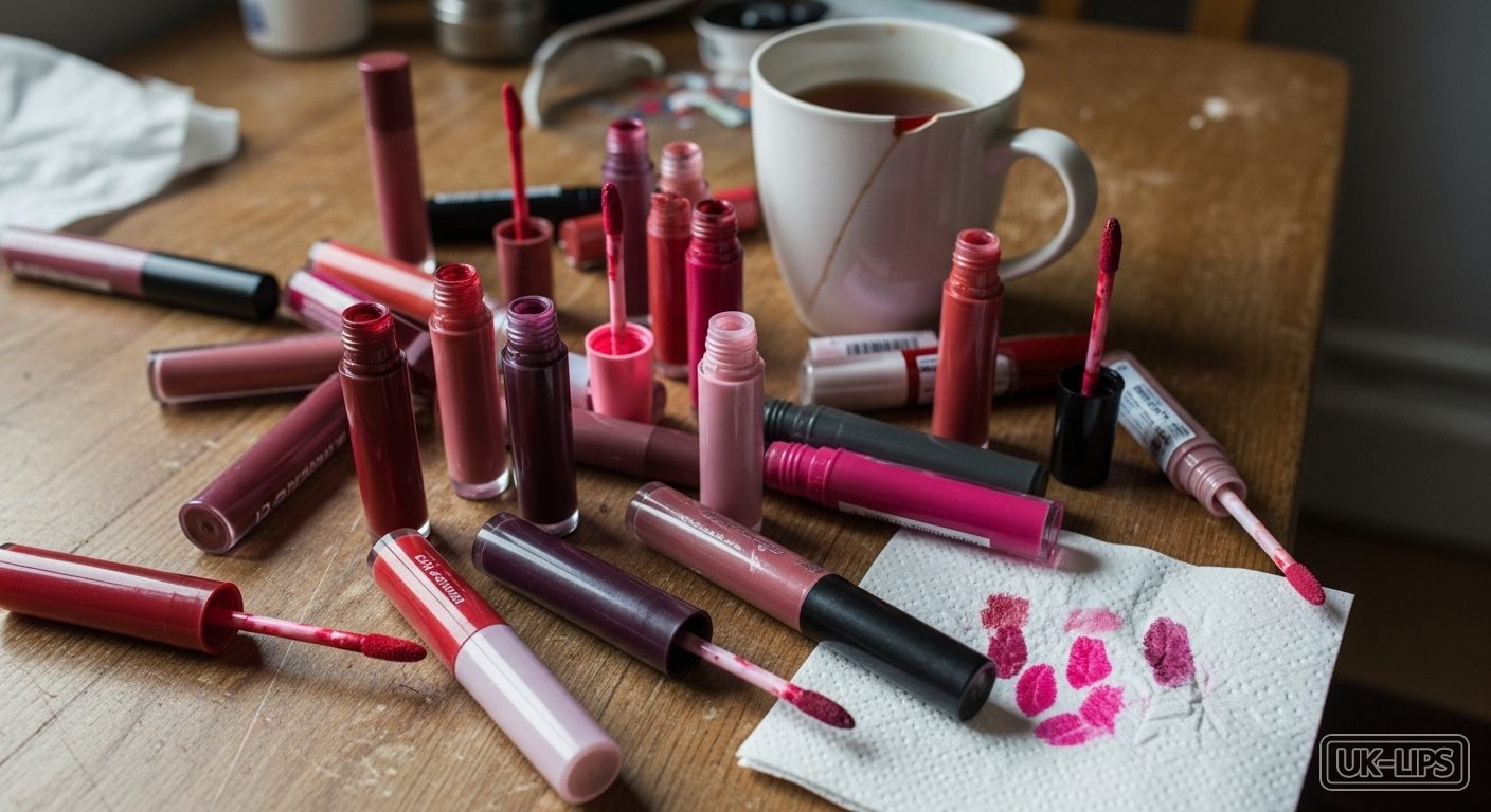 Flat-lay of budget lip stains on a messy Scottish kitchen table