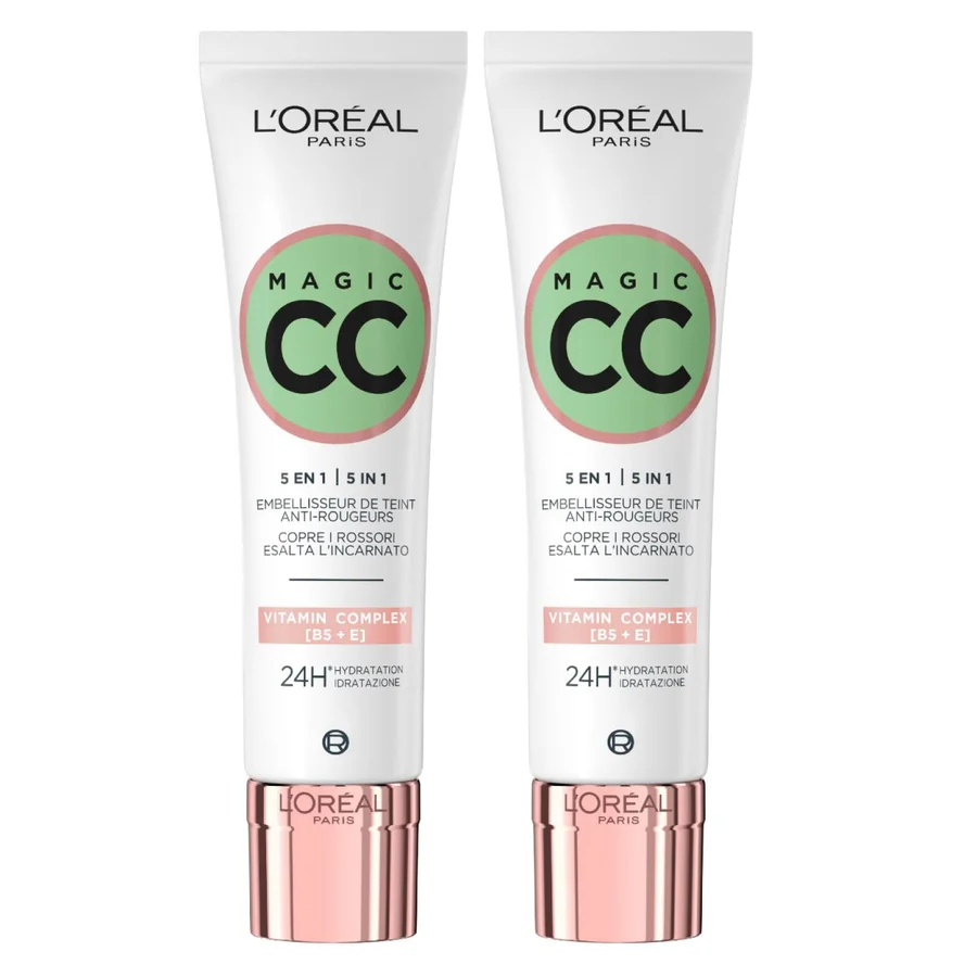 L'Oreal Paris L'Oreal Paris L'Oréal Paris Magic CC Cream 24H Anti-Redness Moisturizing Green Cream 5in1 Universal Shade Long-Lasting Velvety Skin Effect - 2 Bottles of