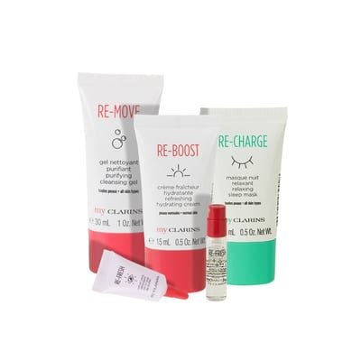 Clarins Clarins Grab And Go Set 30ml Cleansing Gel + 15ml Reboost Cream + 15ml Recharge Mask + 3ml Eye Treatment