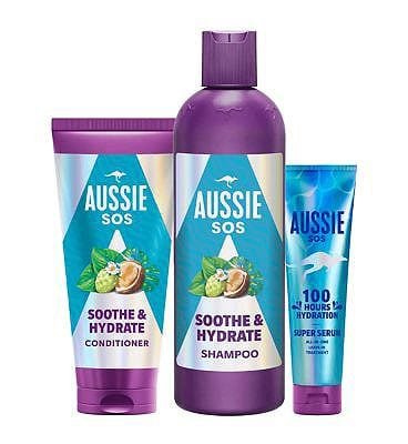 Aussie Aussie Sos Soothe & Hydrate Bundle - Shampoo, Conditioner, Super Serum Leave In Treatment