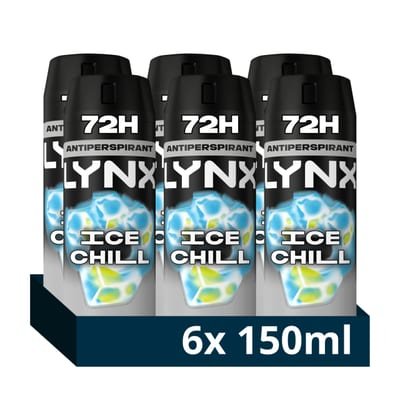 Lynx Lynx Ice Chill Anti-Perspirant Aerosol Men's Deodorant Spray with ProScent technology and an iced mint & lemon scent for 72 hours protection against odour and wetness 6x