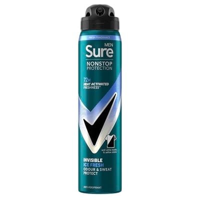 Sure Sure Men Nonstop Protection Invisible Ice Fresh Deodorant Body Spray Antiperspirant with body heat activated technology for 72 hour odour and sweat protection