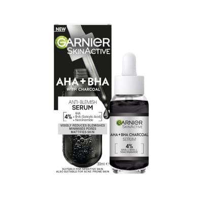 Garnier Garnier Skinactive 4% Aha + Bha & Niacinamide Charcoal Serum, Improve Appearance Of Marks Blemishes, 30ml