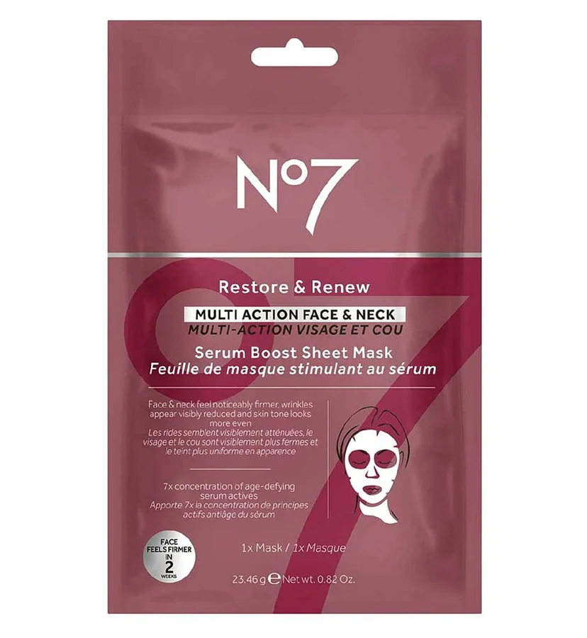NO7 No7 No 7 Restore & Renew Face Neck Multi Action Serum Boost Sheet Mask