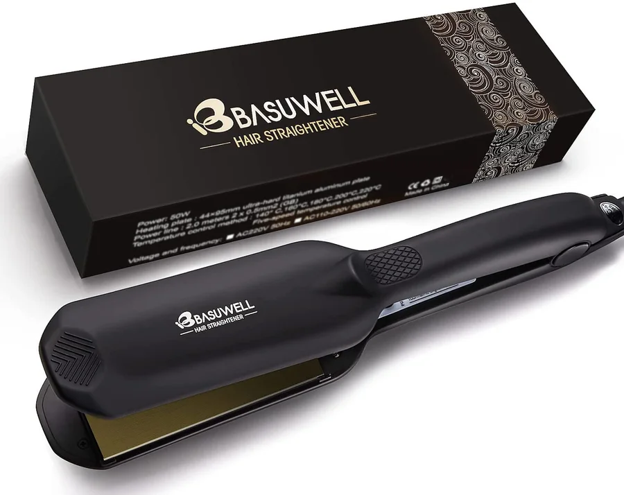 BASUWELL BASUWELL Professional Hair Straighteners Wide Plates for Thick Hair Five-Speed Temperature Control Voltage Salon Fast Hair Styler UK Plug - Black