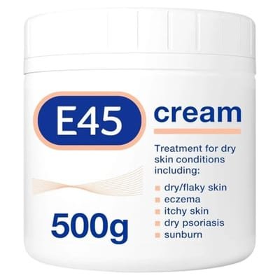 E45 E45 Moisturiser, Body, Face And Hand Cream For Dry, Flaky Skin, Suitable For Eczema, Dry Psoriasis, Sunburn, 500g Tub | Emollient cream - Soothes dry, itchy & irritated skin - Non-greasy - Face & hands - Eczema-prone skin
