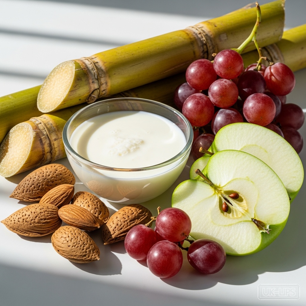 AHA — AHAs are naturally derived from plant sources such as sugar cane (glycolic acid), sour … | UK Lips ingredient guide