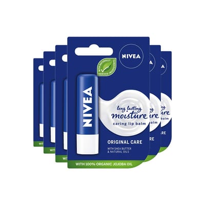 NIVEA NIVEA Lip Balm Original Care Pack of 6 (6 x 4.8g) Protective Lip Moisturiser with Shea Butter and Natural Oils - clear