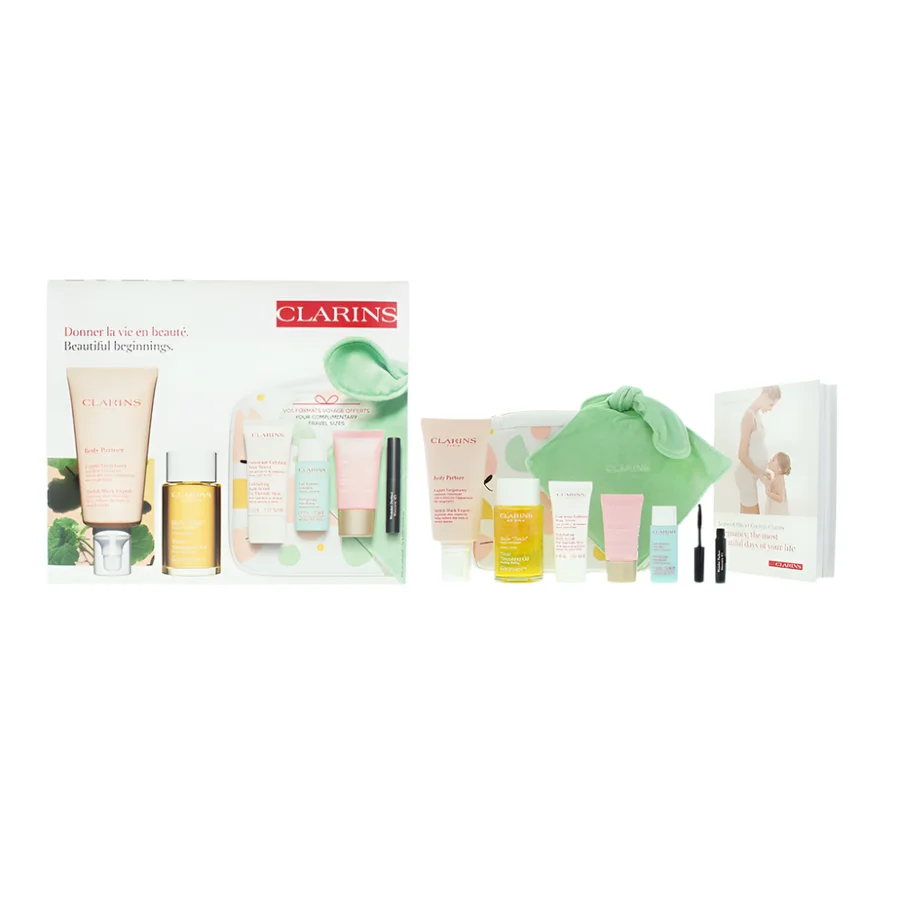 Clarins Clarins Beautiful Beginnings Marternity 5 Piece Gift Set: Body Oil 100ml - Body Scrub 30ml - Day Cream 15ml - Legs Emulsion 30ml - Mascara 3ml - Body