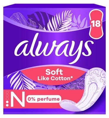 Always Always Soft Like Cotton Normal Panty Liners 18 Liners, 0% Perfume, Cottony Layer To Feel Nothing But Freshness