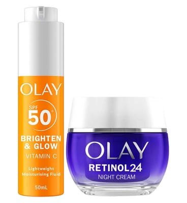 Olay Olay Vitamin C Brighten & Glow 3In1 Moisturiser Face Fluid Spf50+ Hydrating Primer 50Ml Retinol 24 Night Cream Bundle