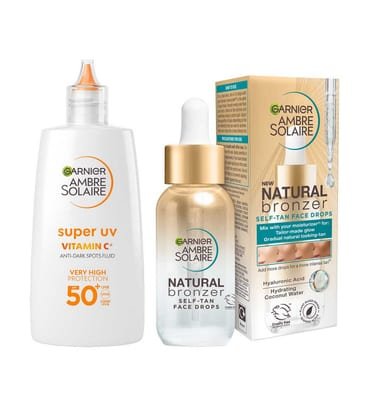 Garnier Garnier Glow & Protect Duo: Natural Bronzer Self-Tan Drops (30Ml) Ambre Solaire Vitamin C Facial Spf50+ Fluid (40Ml) Bundle