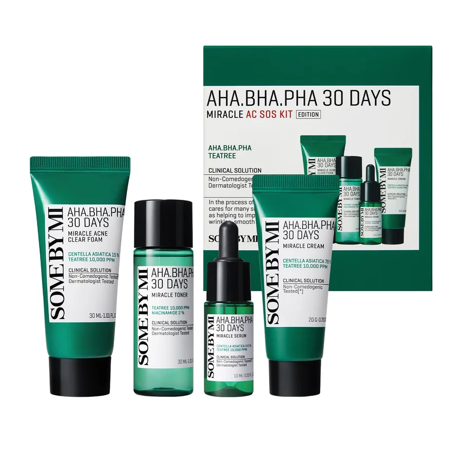 Some By Mi Some By Mi 30 Days AHA-BHA-PHA Miracle AC SOS Kit 4 Pieces (This set contains: 1x 30ml Acne Clear Foam 1x 30ml Toner 1x 20ml Cream 1x 10ml Serum)